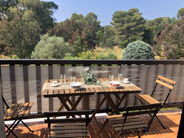 An outdoor patio with a wooden table and chairs, surrounded by a wooden fence.