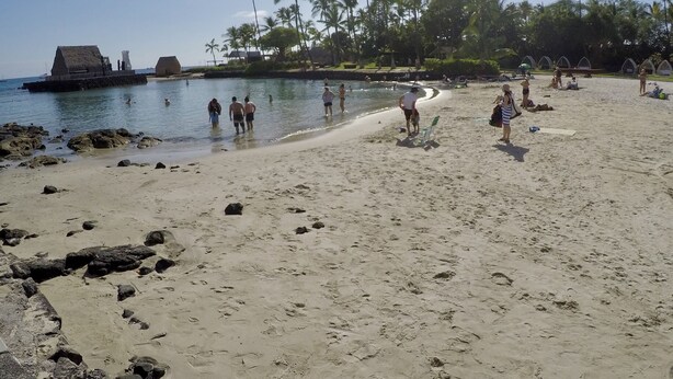 A beach with people walking along the shore, palm trees, and a thatched-roof structure in the background. - Experience historic charm near Kailua Pier - Walk to restaurants, shops,AC,Wifi (Kailua-Kona)
