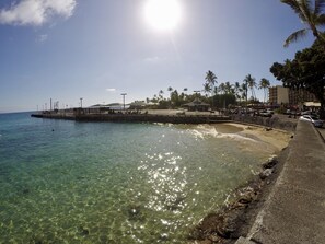 A beach with clear water, a pier, and palm trees.