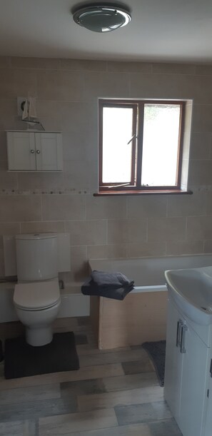 Combined shower/bathtub, hair dryer, towels