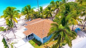Une propriété située en bord de mer, avec un bâtiment d’un seul étage, entourée de palmiers et bordée d’une plage de sable.