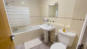 Combined shower/bathtub, hair dryer, towels, soap