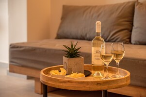 Deluxe Double Room | Living area | Flat-screen TV, books