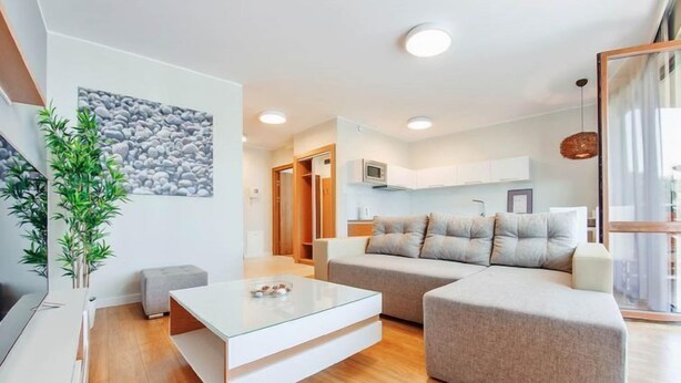 Ein modernes Wohnzimmer mit einer Couch, einem Glastisch und einer Pflanze.
