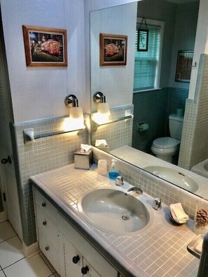 Combined shower/tub, hair dryer, towels, soap