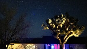 A night scene with a starry sky, a tree illuminated with lights, and a building with a distinctive facade. - Relax Close to Park, Hot Tub, Hammocks, Private, Lush Trees (Joshua Tree)