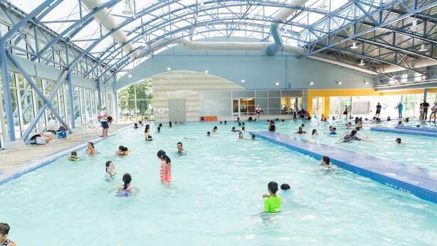 A large indoor swimming pool with multiple lanes and a high ceiling structure. - The Library (Dublin)