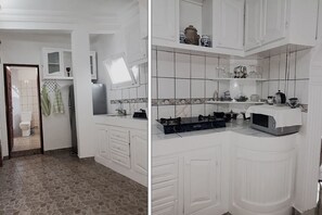 Réfrigérateur, micro-ondes, batterie de cuisine, vaisselle et ustensiles