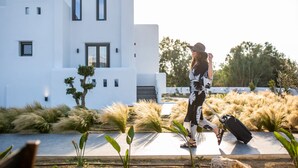 Un edificio moderno con fachada blanca, ventanas amplias y un jardín bien cuidado con pastos altos y pequeños árboles.