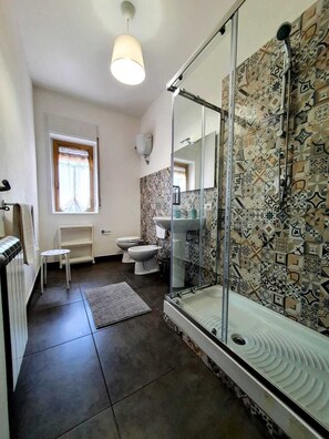 Regadera, secadora de cabello, bidet, toallas 