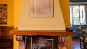 A fireplace with a stone surround and a framed artwork above it.