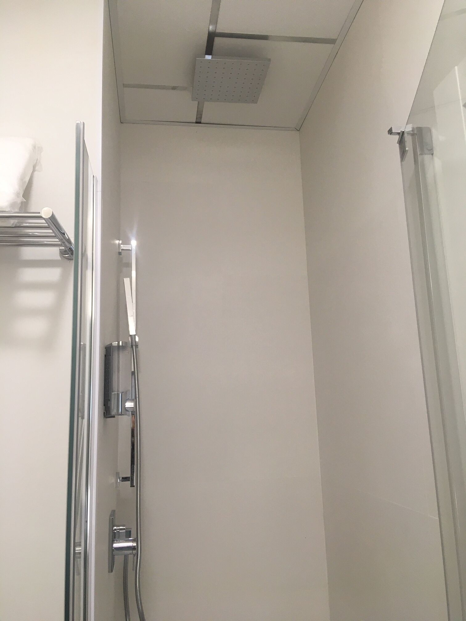 Un espacio de ducha con puerta de cristal, cabezal de ducha cromado y un perchero para toallas.