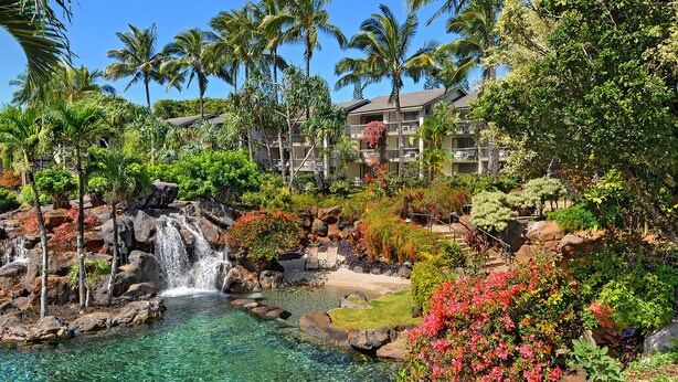 Un resort con cascada, exuberante vegetación y zona de piscina.