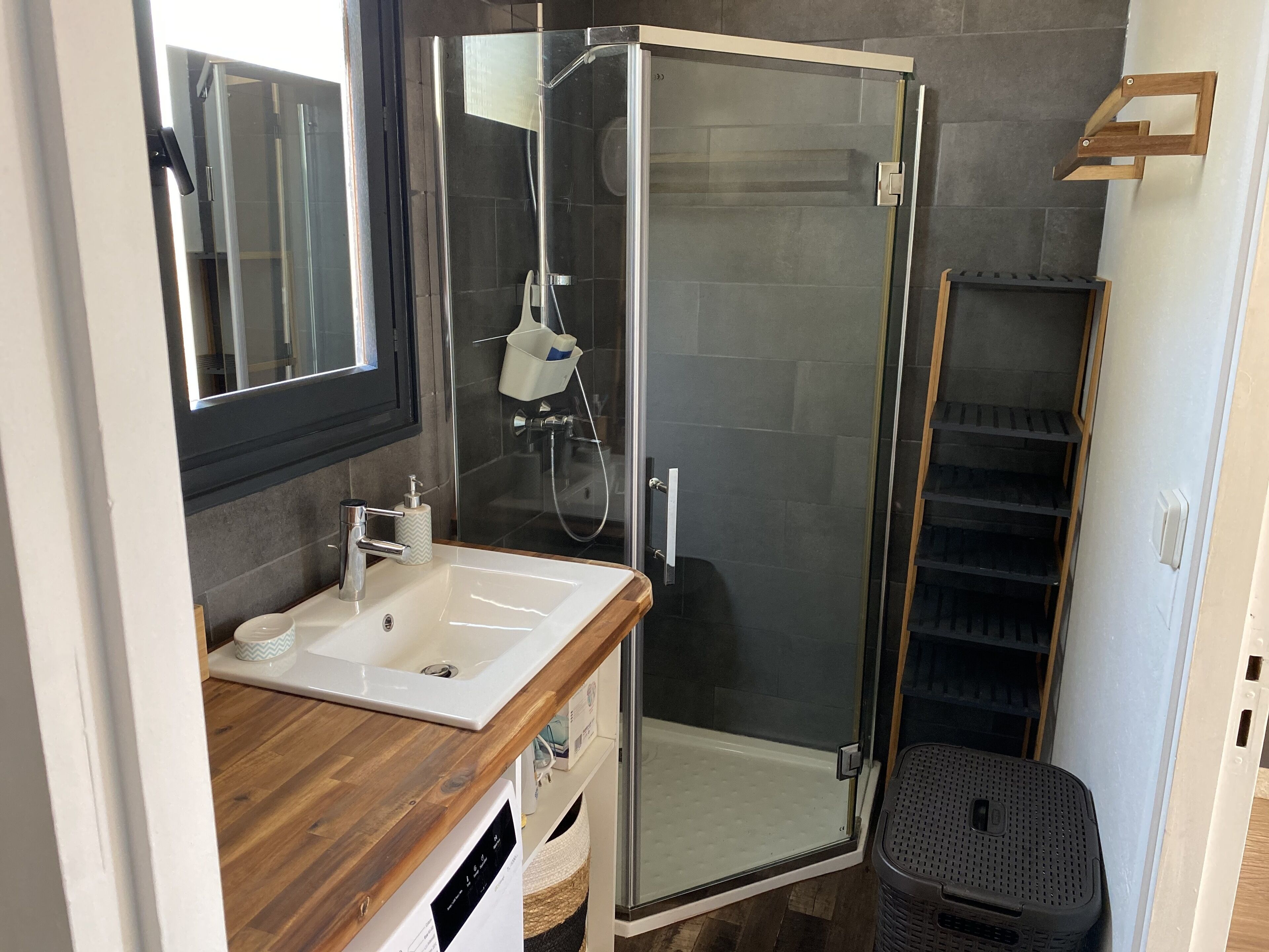 Shower, hair dryer, soap, toilet paper