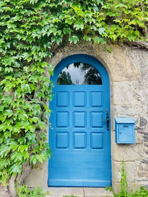 Een blauwe deur met een stenen muur en een kleine blauwe brievenbus.