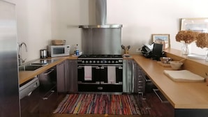 Une cuisine moderne équipée d’une cuisinière, d’un four à micro-ondes et d’un évier en acier inoxydable. Un tapis coloré recouvre le sol et un tableau encadré est posé sur le plan de travail.