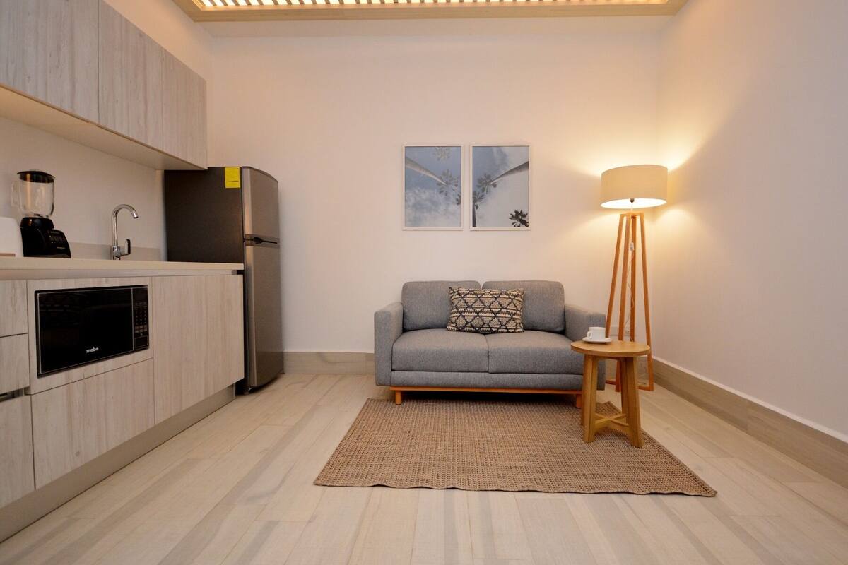 A compact living space with a kitchenette, a grey sofa, a floor lamp, and two framed pictures on the wall.
