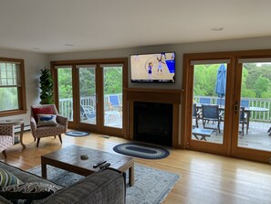 Smart TV, fireplace, video games, foosball