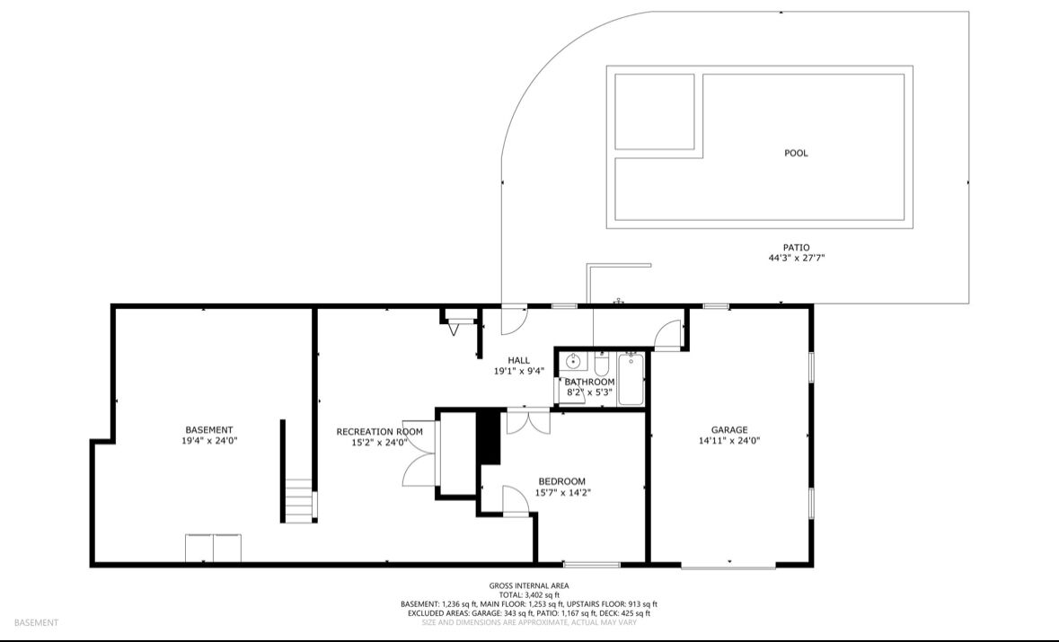 A floor plan of a house with a basement, garage, bedroom, bathroom, kitchen, living room, and a patio.