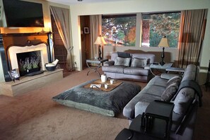 Smart TV, fireplace, books, offices