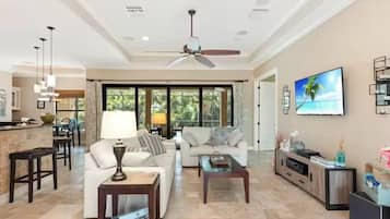 Smart TV, books, music library, stereo