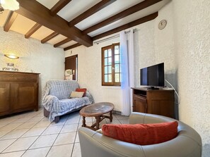 A cozy living room with a sofa, a coffee table, a TV, and a fireplace. - Iagonia - Lacarry - Gîte (LACARRY)