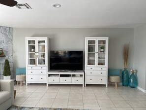 Smart TV, fireplace, books