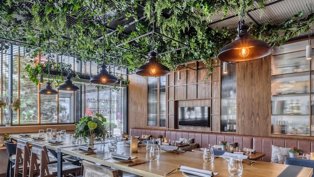 Un restaurante con una larga mesa de madera dispuesta para comer, plantas colgantes e iluminación colgante.
