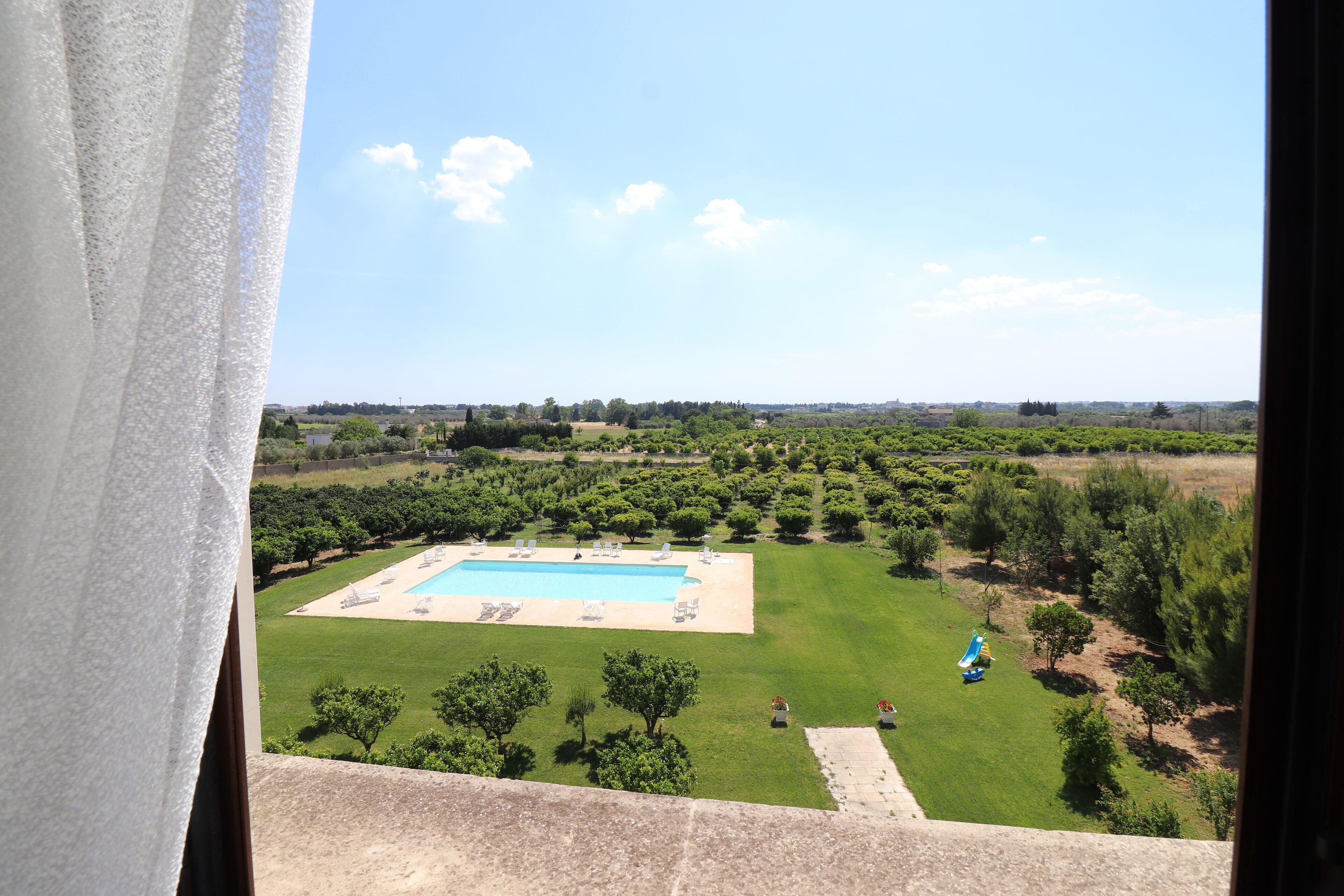 A view of a swimming pool surrounded by a well-maintained lawn and trees, with a clear sky above.