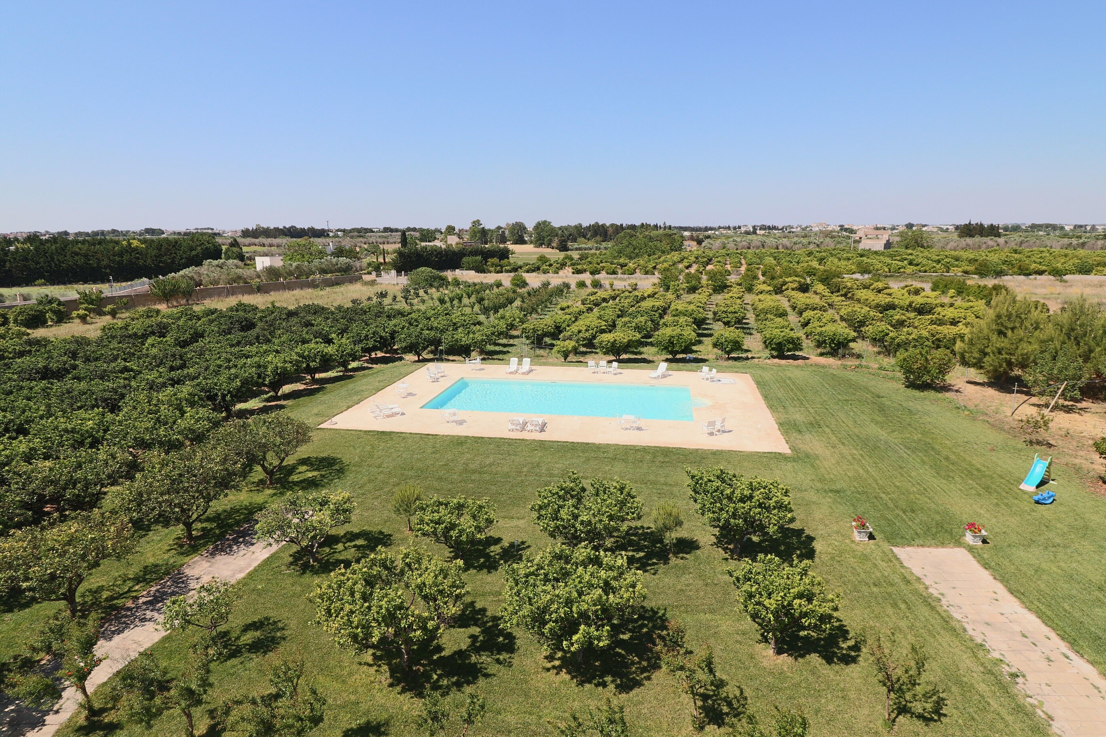 A large rectangular pool surrounded by a well-maintained lawn and trees.