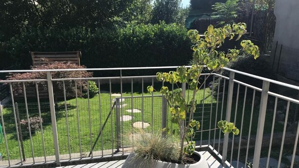 Ein Blumentopf auf einem Balkon mit Blick auf einen Garten und einen Teich.