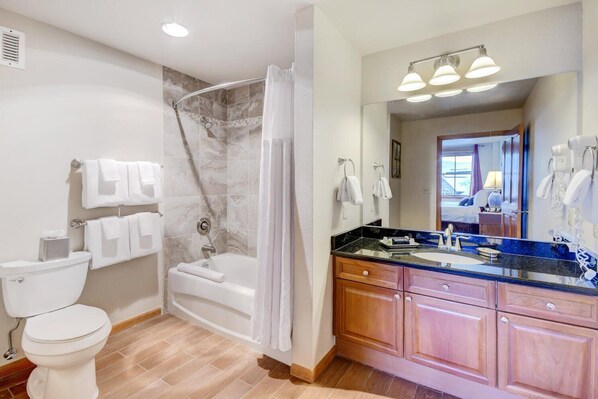 Une salle de bain équipée d’une douche, de toilettes et d’un meuble-lavabo avec un miroir.