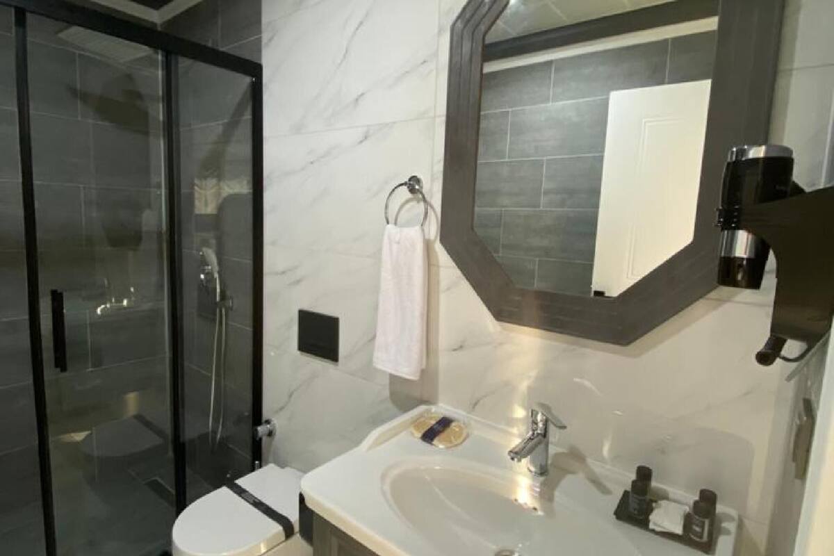 deluxe room | bathroom | shower, free toiletries, hair dryer, slippers