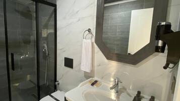 A modern bathroom with a glass-enclosed shower, a white toilet, and a vanity with a large mirror.