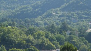 A mountainous landscape with dense green foliage and scattered buildings. - Le Sapin B : Mooie Vakantiewoning met Zwembad in de Ardèche (Chassagnes)