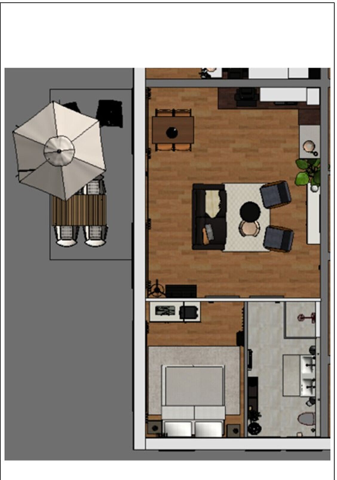 Un plan d’étage d’une chambre d’hôtel comprenant un lit, un bureau, une chaise, une petite table et un grand parapluie.