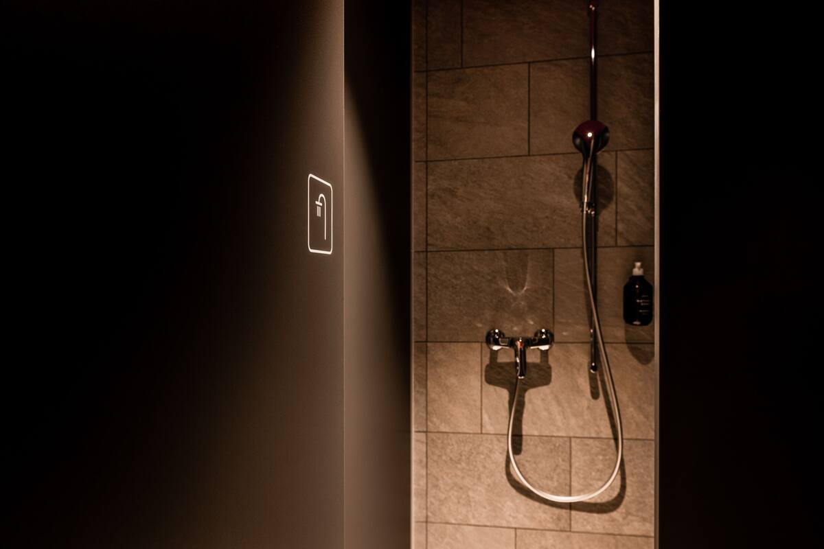 female only - swiss capsule (upper level) | bathroom | shower, hair dryer, towels