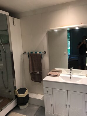 Dusche, Haartrockner, Handtücher, Seife