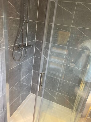 Regadera, secadora de cabello, toallas, papel de baño