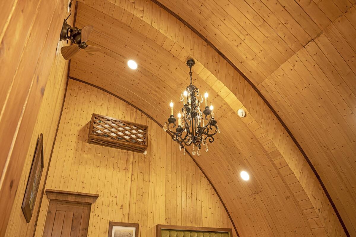 A room with wooden paneling, a chandelier, a framed picture, and a green upholstered headboard.