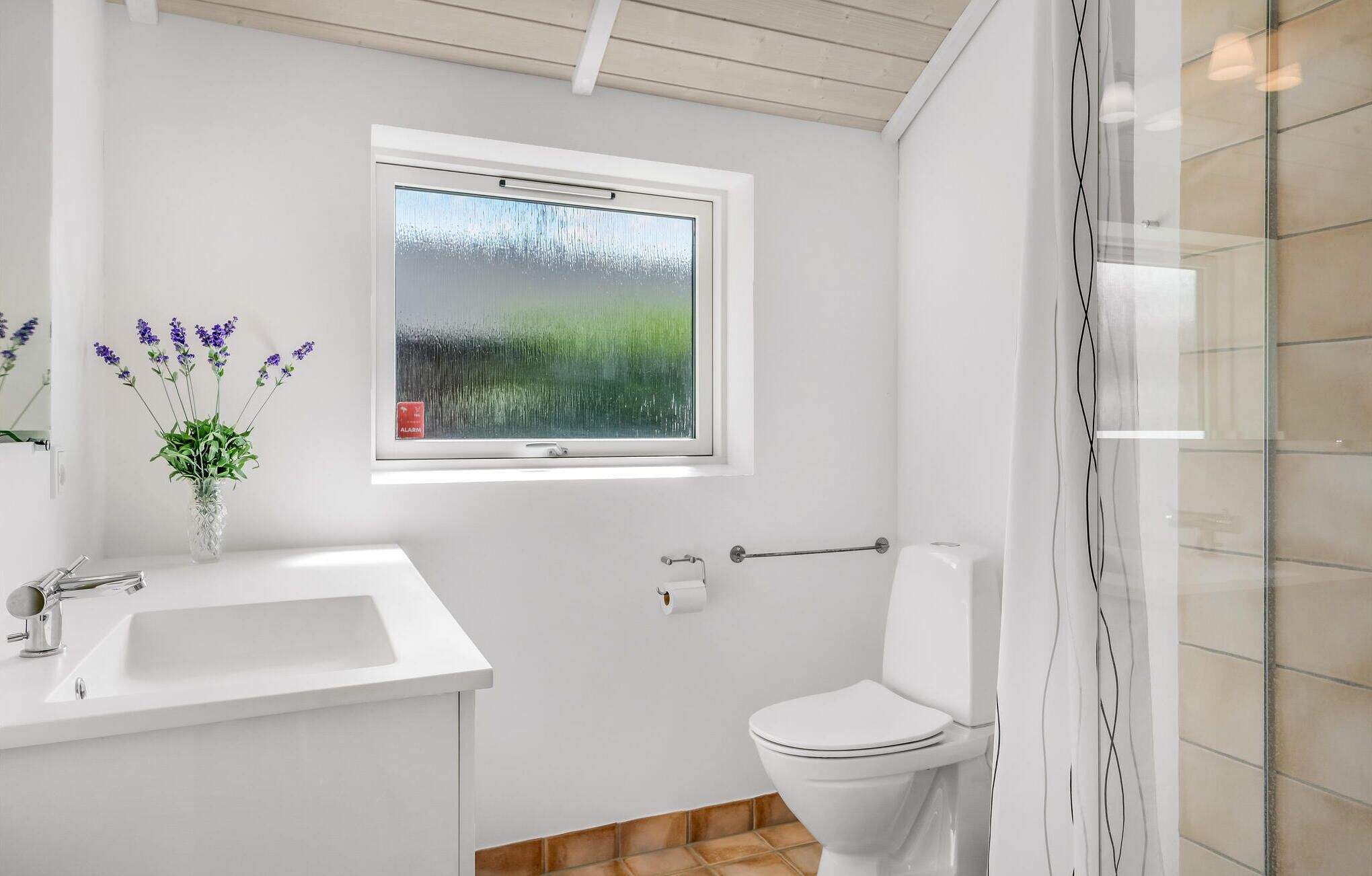 A bathroom with a white sink, a toilet, a window with a view of greenery, and a shower area.