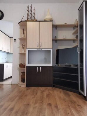 Departamento junior, 1 habitación, Terraza, vista al patio | Área de sala de estar | Televisión de pantalla plana de 80 cm con canales vía satélite 