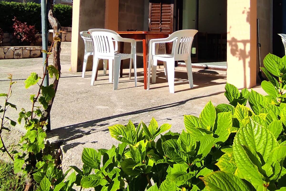 Un espace extérieur abrité avec une table et des chaises, l’entrée d’un bâtiment, et de la verdure au premier plan.