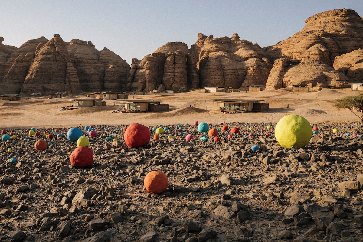 Un paisaje desértico con esferas de colores esparcidas por el suelo.