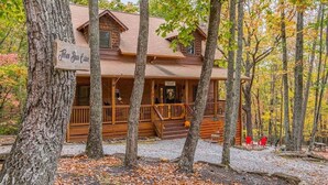 A cabin with a porch, surrounded by trees. - THREE BEARS CABIN, PRIVATE MOUNTAIN GETAWAY (Sautee Nacoochee)