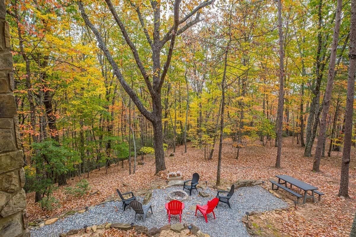 A forested area with a stone wall, a fire pit, and outdoor seating.
