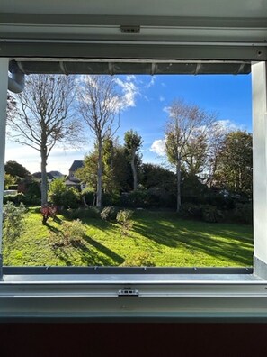 Blick durch ein Fenster auf einen gepflegten Garten mit verschiedenen Bäumen und Sträuchern sowie einem strahlend blauen Himmel.