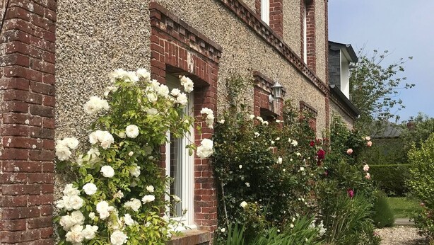 Un edificio de ladrillo con rosales blancos y otras flores en primer plano.