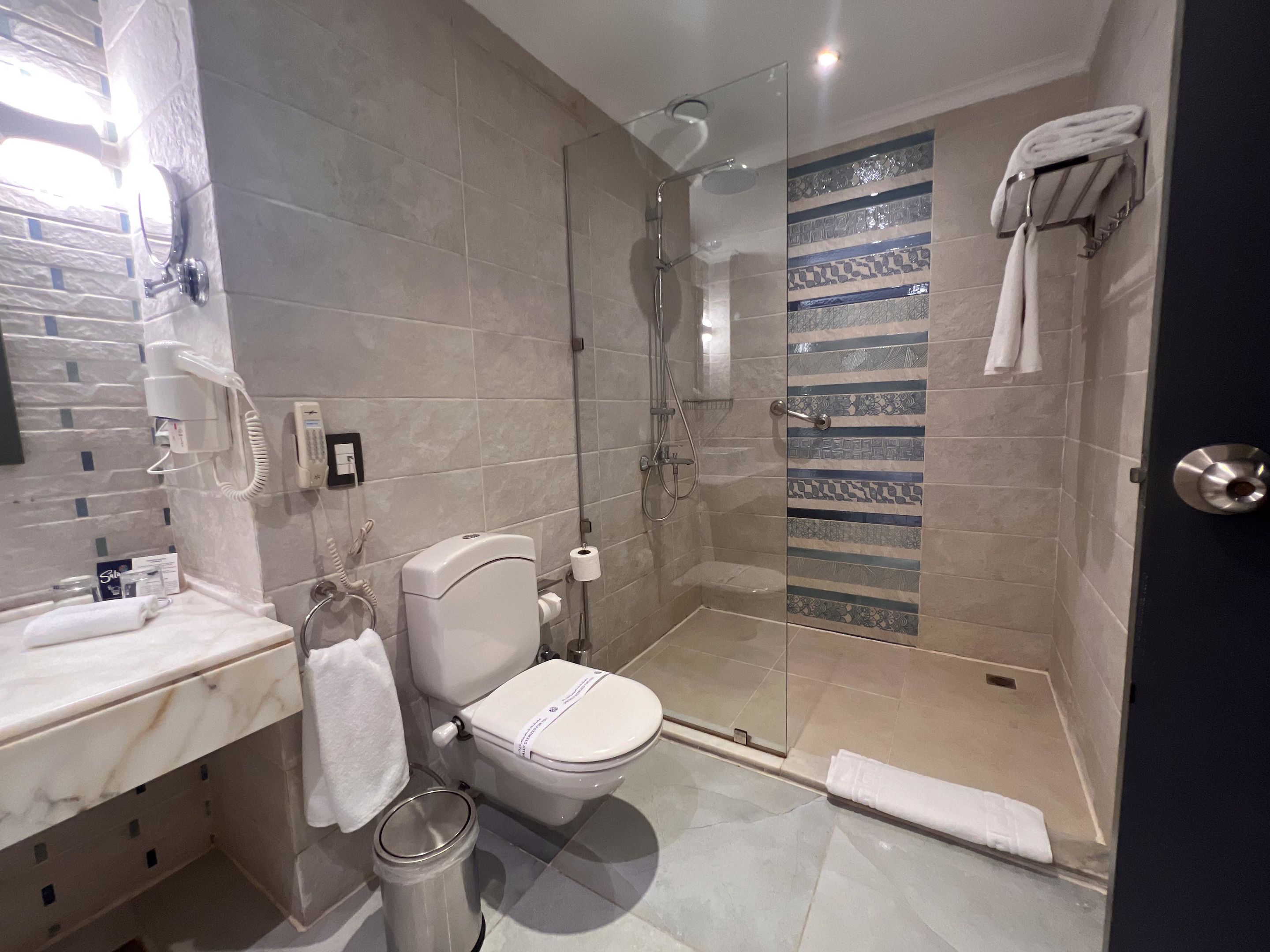 A modern bathroom with a glass-enclosed shower, a toilet, and a vanity with a marble countertop.