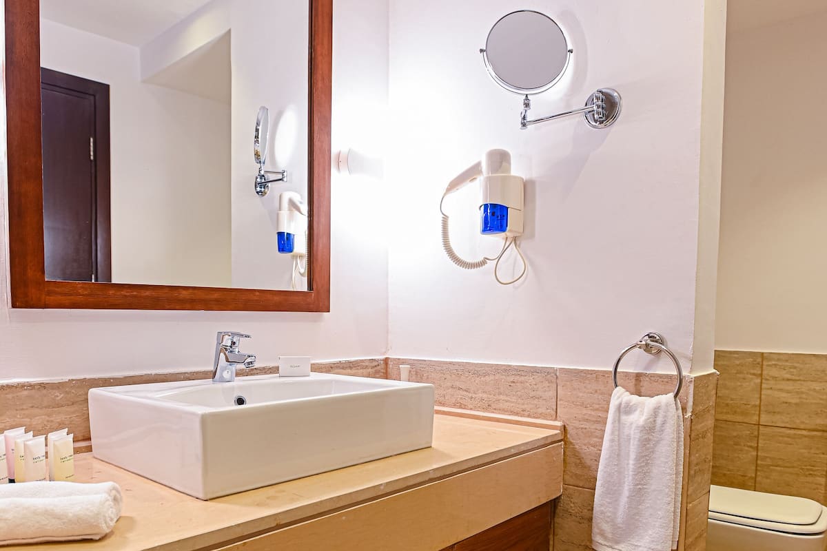 A bathroom with a large mirror, a sink, a toilet, and a towel rack.